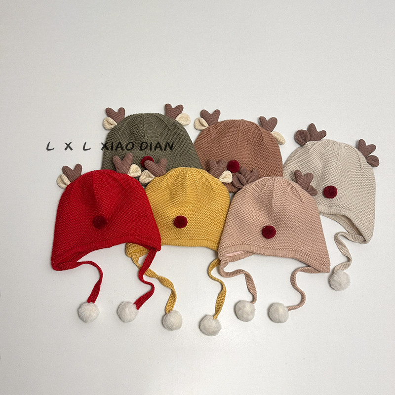 宝宝帽子男童可爱鹿角红色喜庆双层加棉护耳帽婴儿秋冬保暖包头帽