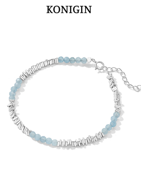 碎银子手链女海蓝宝串珠纯银手饰