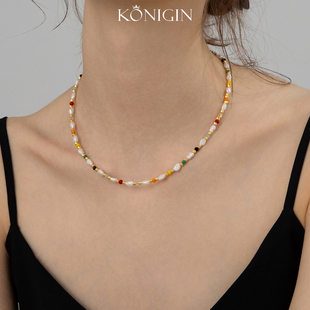 Konigin野生淡水珍珠项链女多巴胺彩色串珠锁骨链夏天925纯银颈链
