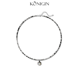 Konigin天然石黑发晶项链女轻奢小众贝壳猫头吊坠s925纯银锁骨链
