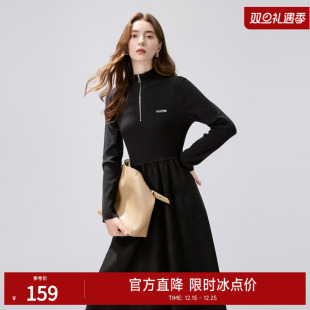 秋水伊人拉链半高领黑色连衣裙2025年冬季 极简风收腰内搭长裙 新款