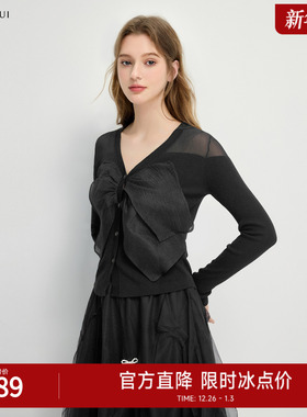 秋水伊人v领针织开衫2025春季新款女装蝴蝶结系带针织黑色上衣