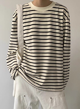 WEERE纯棉条纹圆领宽松休闲T恤简约通勤长袖打底