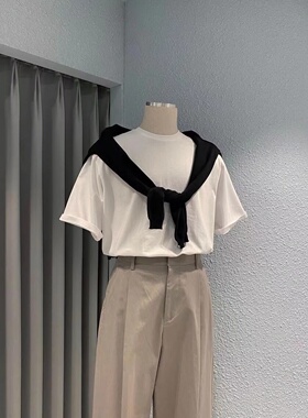 WEERE韩国进口面料250克圆领夏季打底男女白色短袖T恤宽松纯棉