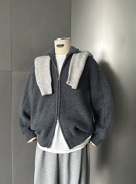 WEERE秋冬重磅针织双拉链外套原创慵懒宽松休闲可翻高领毛衣开衫