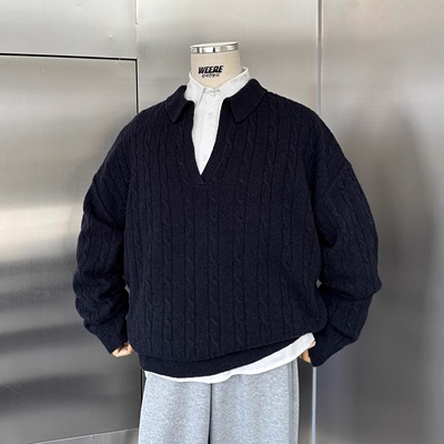 WEERE麻花V领全羊毛针织上衣