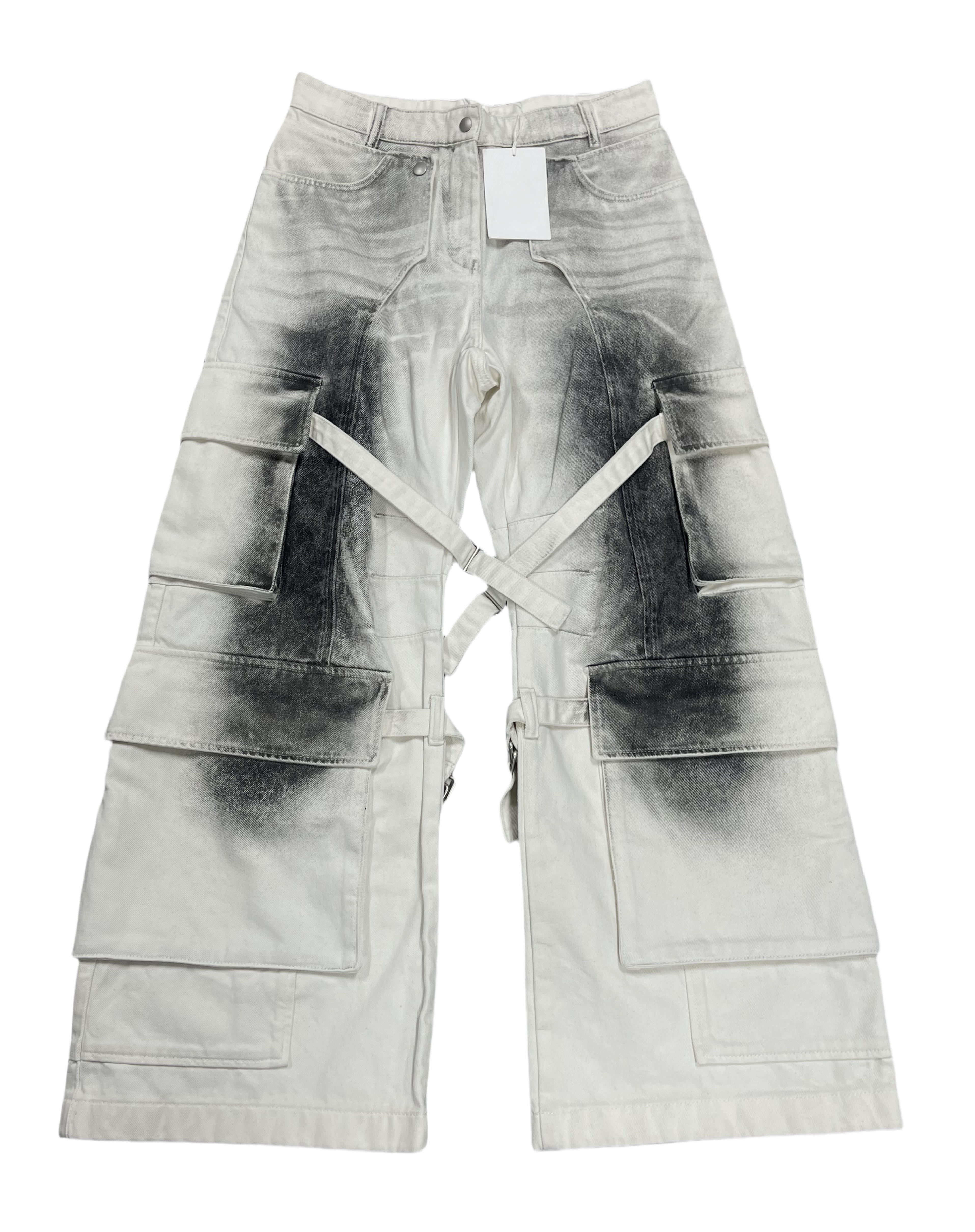 thumbnail for Daily commuter pants AC style 24SS new white ink-splashed distressed jeans cargo strappy wide-leg pants