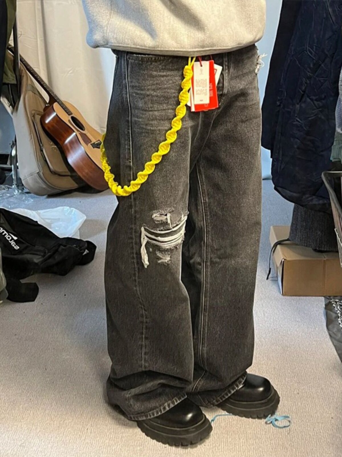 Y|PROJECT DESIGNER 23S NEW RIPPED WASHED BLACK GRAY JEANS WIDE LEG MICRO FLARED CASUAL TROUSERS