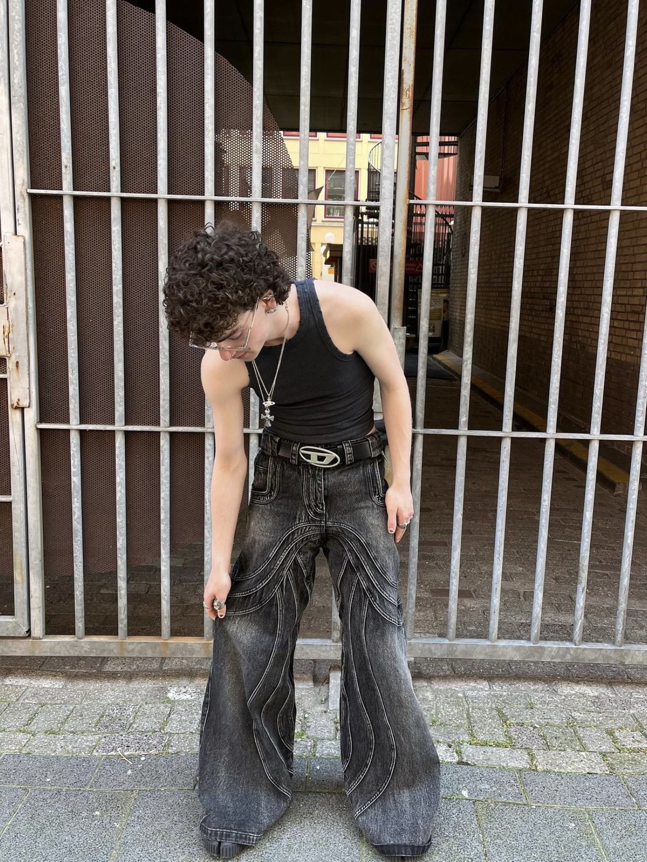 NO|FAITH 23S HEAVY INDUSTRY WAVE RIPPLE DISTRESSED WASH BLACK GRAY MICRO FLARED DENIM LOOSE PANTS