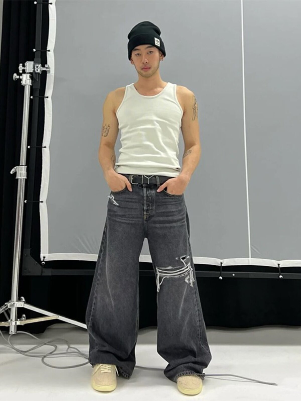 Y|PROJECT DESIGNER 23S NEW RIPPED WASHED BLACK GRAY JEANS WIDE LEG MICRO FLARED CASUAL TROUSERS