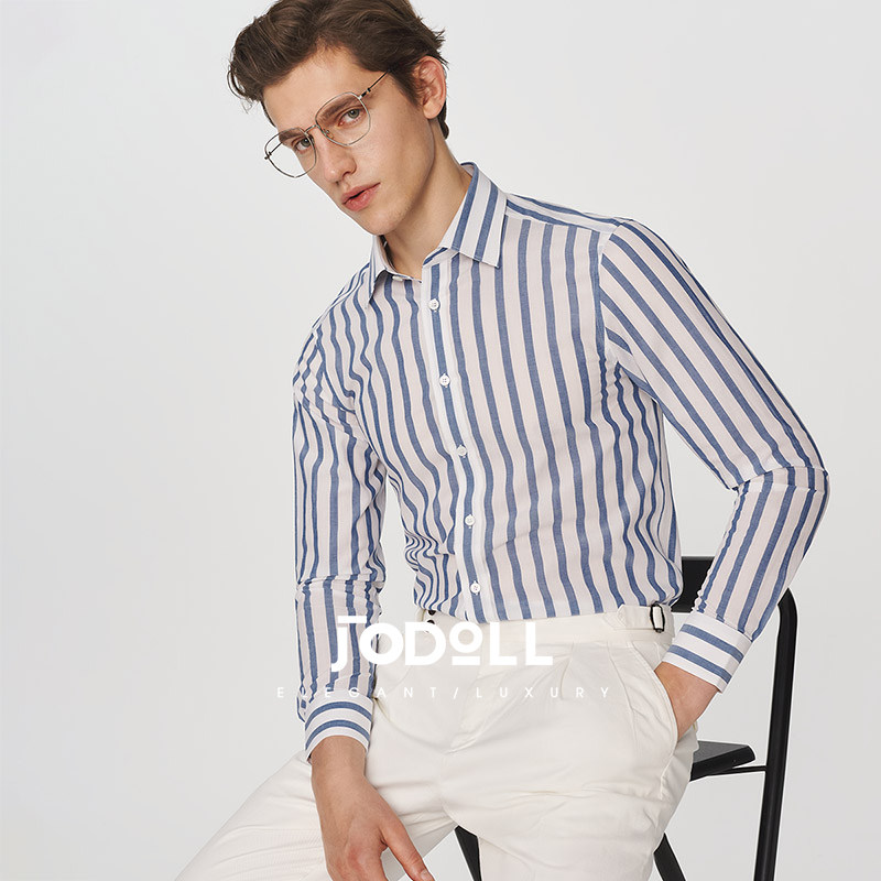 JODOLL乔顿男士衬衣2025年秋冬新款商务休闲撞色条纹亚麻长