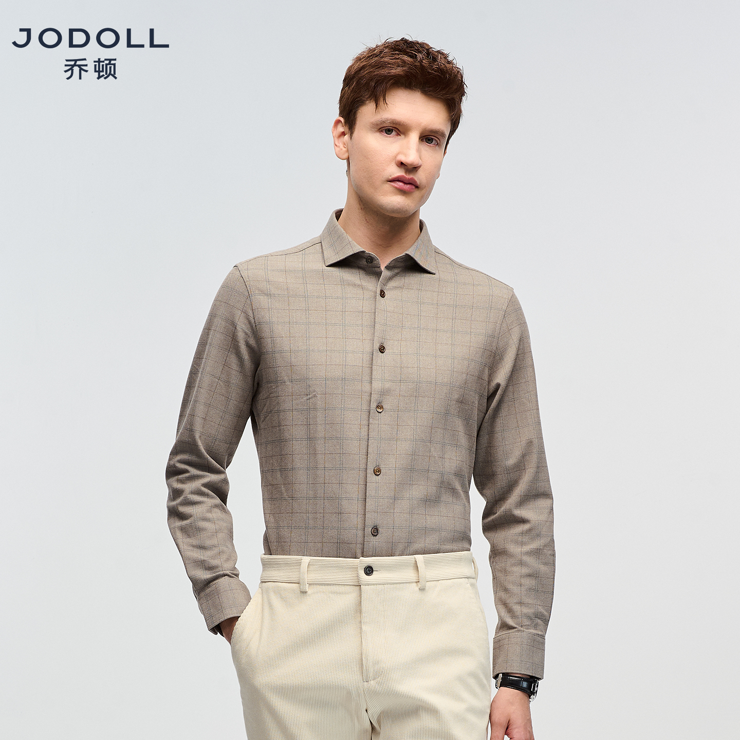 隐格纹长袖衬衫JODOLL温莎领舒适