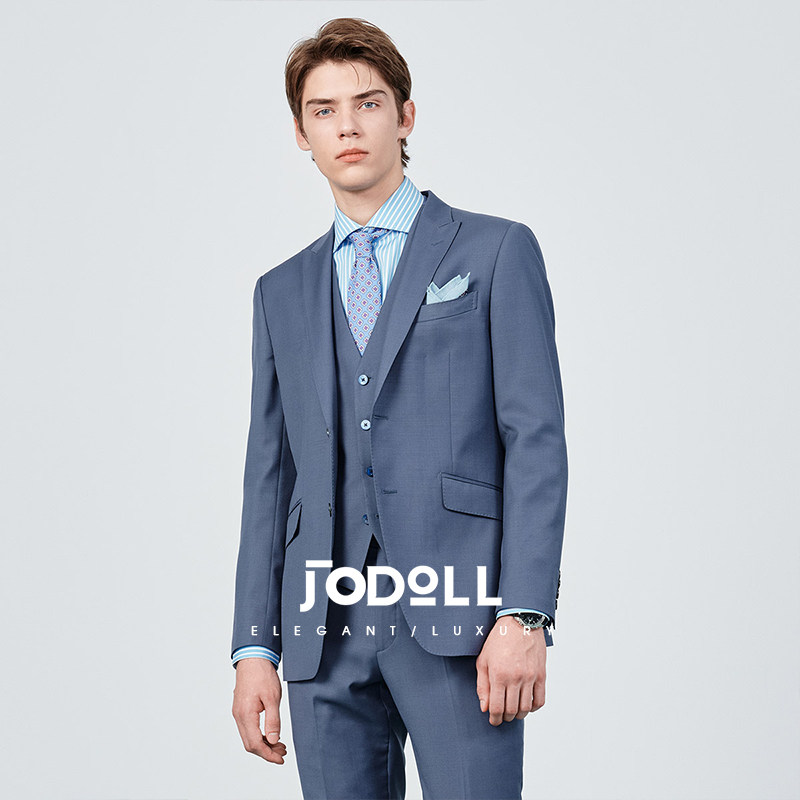 JODOLL乔顿男士西服外套气质雾霾蓝商务正装修身羊毛西装套装上