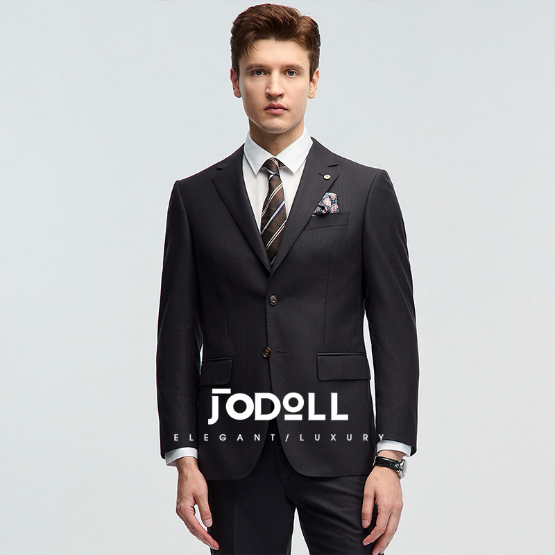 JODOLL乔顿男隐条纹羊毛西服商务休闲胸针舒适羊绒桑蚕丝西服外套