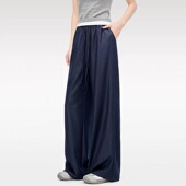 垂感直筒休闲裤 松紧腰阔腿裤 女2026春夏款 复古深蓝色仿天丝牛仔裤