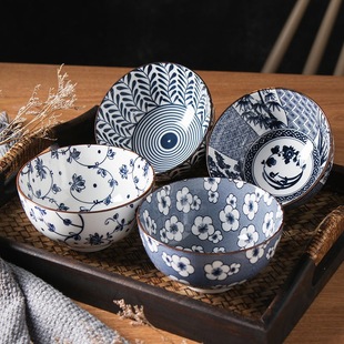 陶瓷碗家用米饭碗创意青花瓷小汤碗复古手绘餐具碗套装 日式 釉下彩