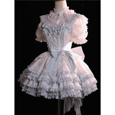 蓝白甜美打歌服lolita连衣裙套装可爱洛丽塔花边蝴蝶结公主裙