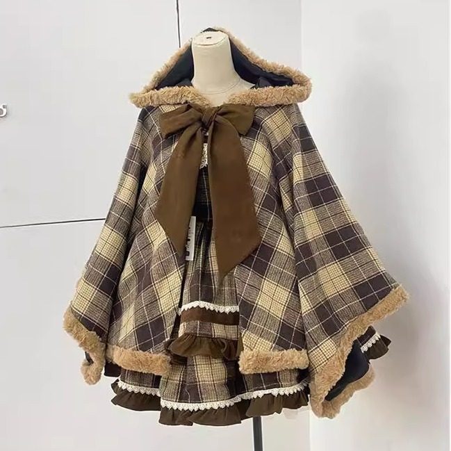 蝴蝶结格纹斗篷外套秋冬新款