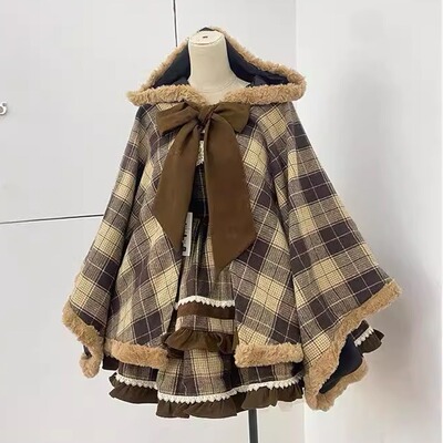 蝴蝶结格纹斗篷外套秋冬新款