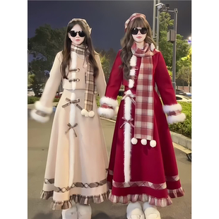焦糖可可 甜妹少女氛围感秋冬季格子拼接毛呢围巾外套长裙三件套