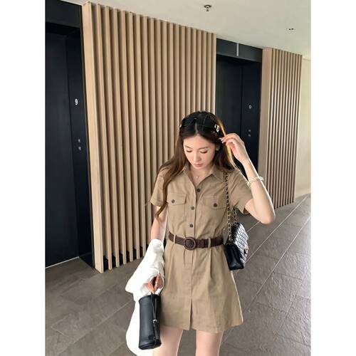 D04096夏季高级感气质时尚显瘦工装翻领连衣裙女
