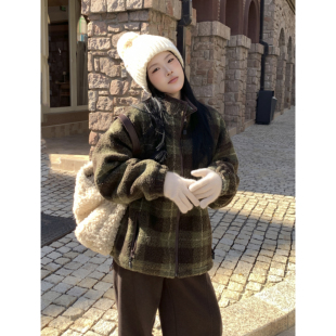 张小醒DRESS STUDIO美式格子立领外套女2025宽松加厚休闲保暖棉衣