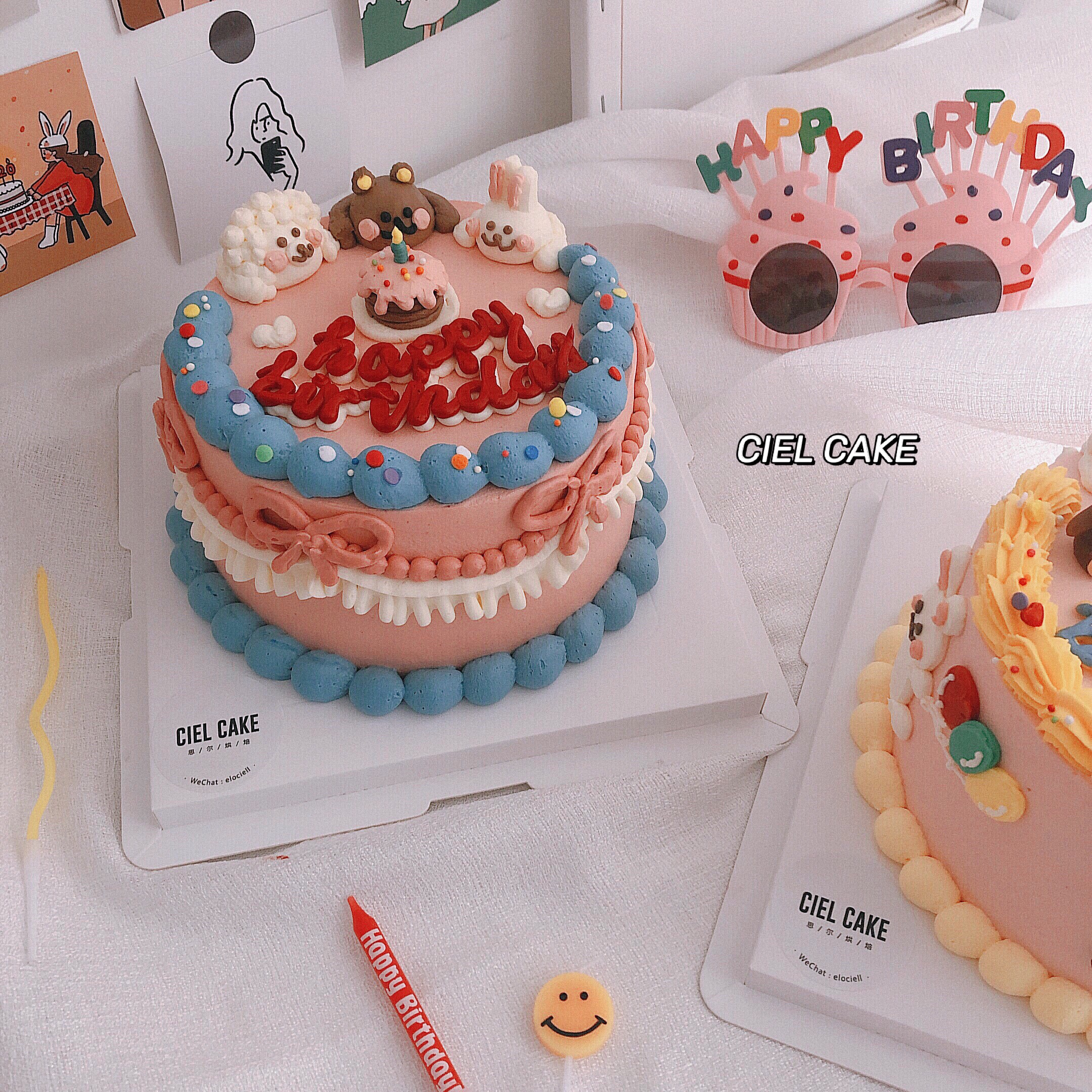 ciel cake 韩式复古立体小熊兔子动物手绘动物奶油水果生日蛋糕