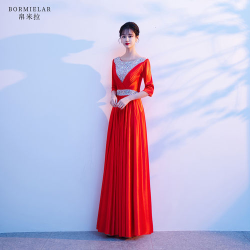 十一国庆红歌大合唱团演出服女长裙红色红歌比赛2026新款优雅朗诵