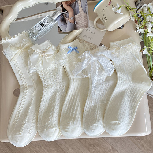 米白蝴蝶结袜子女中筒薄款花边袜