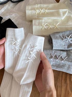 后跟蝴蝶结袜子女白色芭蕾风日系jk中筒袜配小皮鞋韩版灰色棉袜