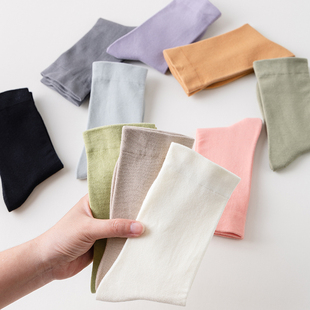 松口月子袜女中筒袜春秋棉袜白色配小皮鞋 纯色无骨堆堆袜夏季 薄款