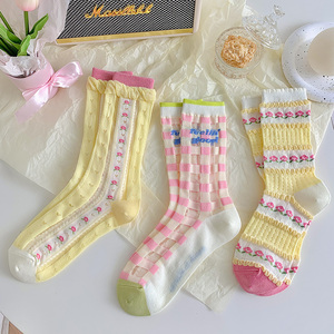 糖果色黄色袜子女中筒袜夏季薄款卡丝日系可爱甜美玻璃丝花边长袜