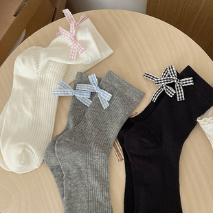 薄款 甜美格子蝴蝶结袜子女中筒袜ins潮夏季 镂空条纹日系jk堆堆袜