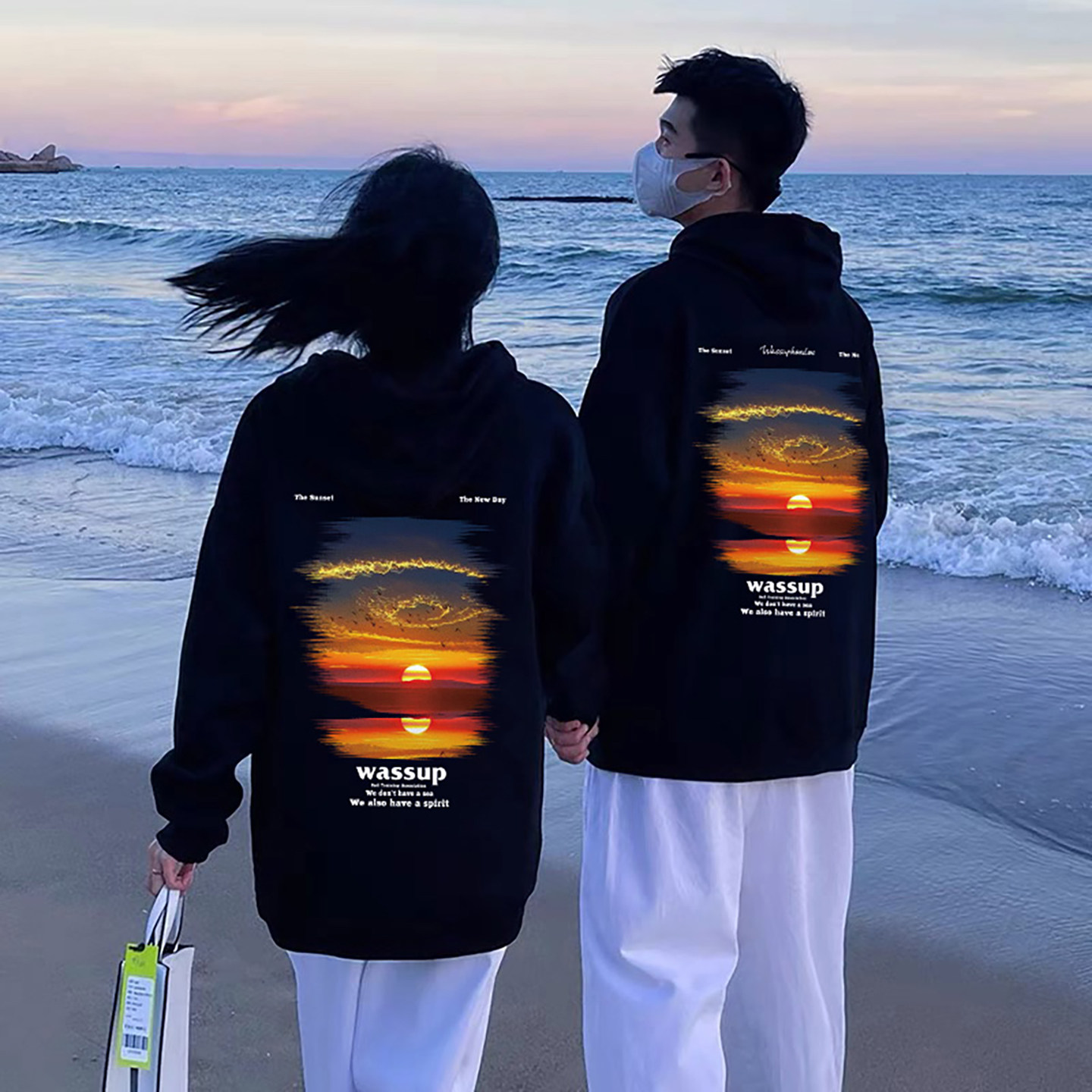 WASSUP国潮重磅落日连帽卫衣男纯棉秋冬款加绒加厚情侣宽松上衣女