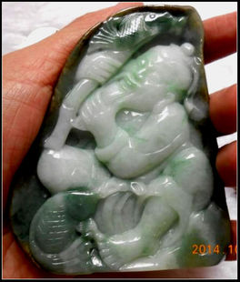 【天然翡翠A货送证书】老坑白底青原石雕渔翁得利摆件手玩件特价