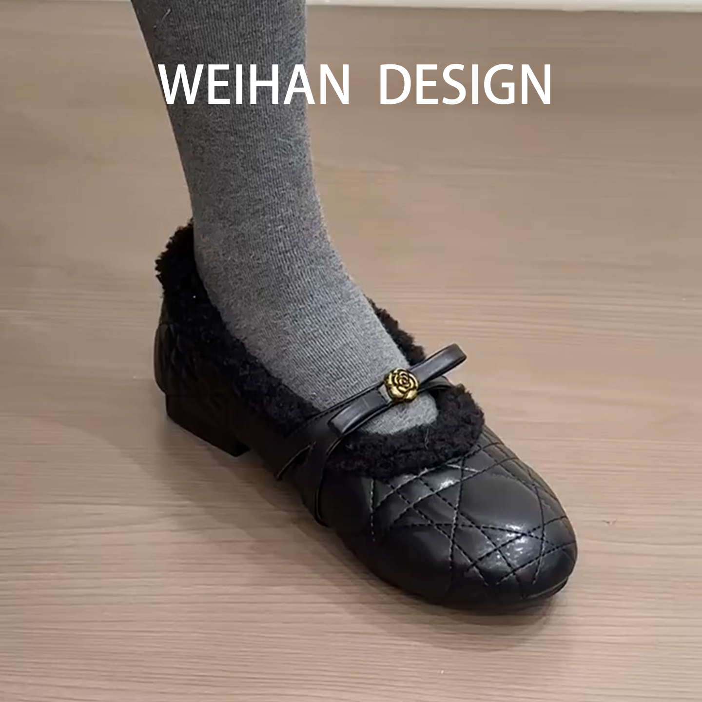 小香风圆头加绒玛丽珍鞋女
