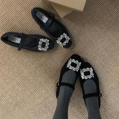 呢子毛！轻奢水钻一字带扣玛丽珍鞋女秋冬晚晚鞋加绒方头平底单鞋
