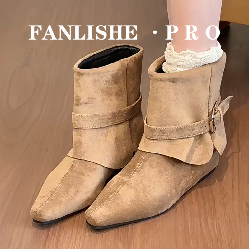 法式复古风卡其色内增高裤管靴