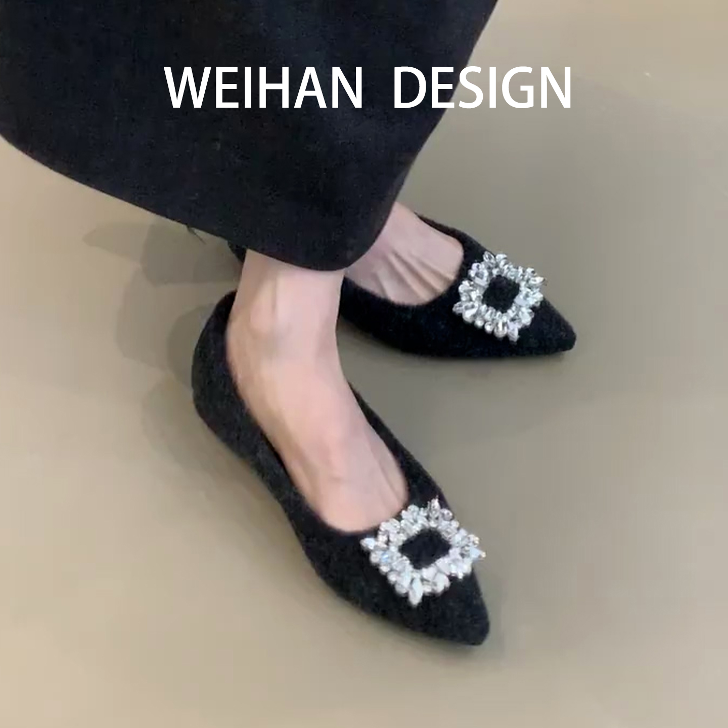 水钻方扣毛呢绒平底鞋气质尖头