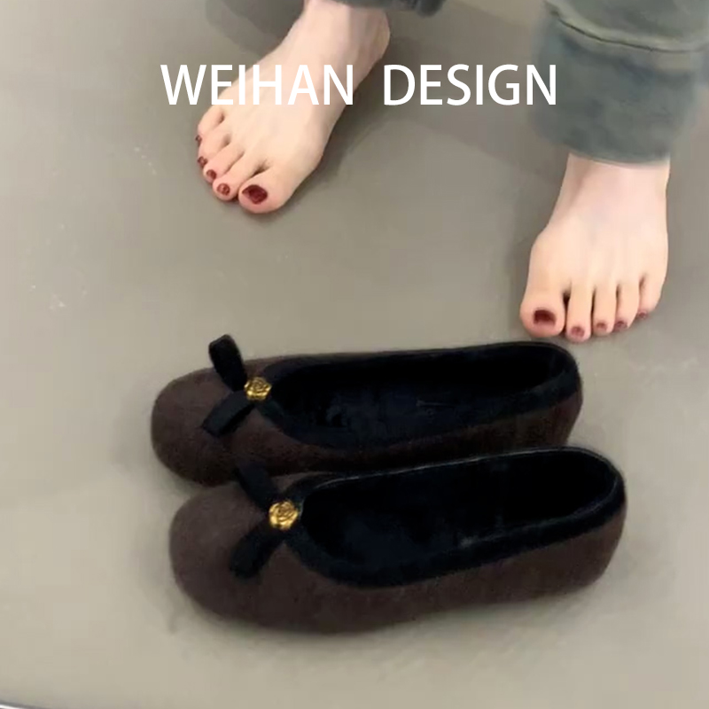 复古小香风圆头加绒单鞋女