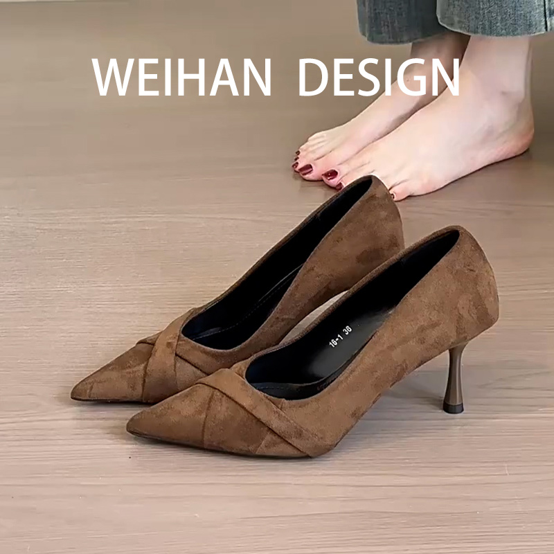 法式复古绒面尖头高跟鞋女