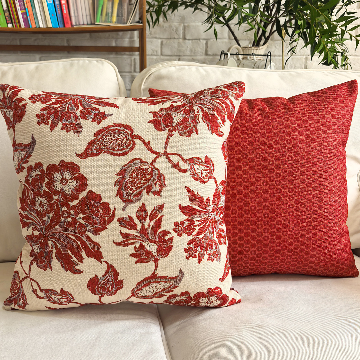花卉图案红色喜庆氛围装饰棉麻双面抱枕靠垫床头沙发装饰枕套腰垫