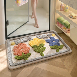 大江浴室吸水地垫厕所门口加厚植绒地毯花朵洗手间卫生间专用脚垫
