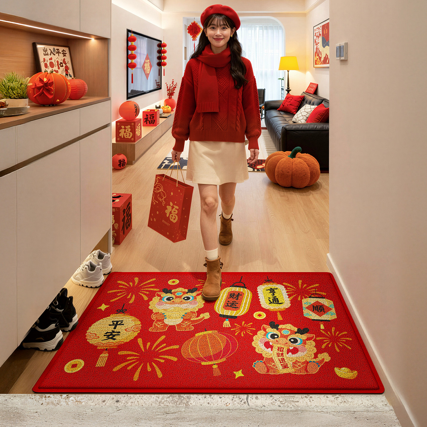 大江马年入户地垫2026新款玄关进门除尘丝圈脚垫门口防滑红色地毯,居家布艺,入户地垫,淘宝优惠券,粉丝福利购,淘宝优惠卷