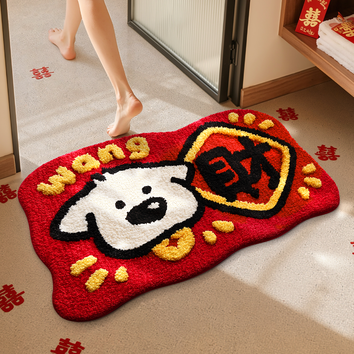 大江新年红色植绒浴室吸水地垫