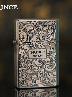 日本PRINCE王子极酷纯铜煤油打火机双面雕刻古银限量金丝菊唐草