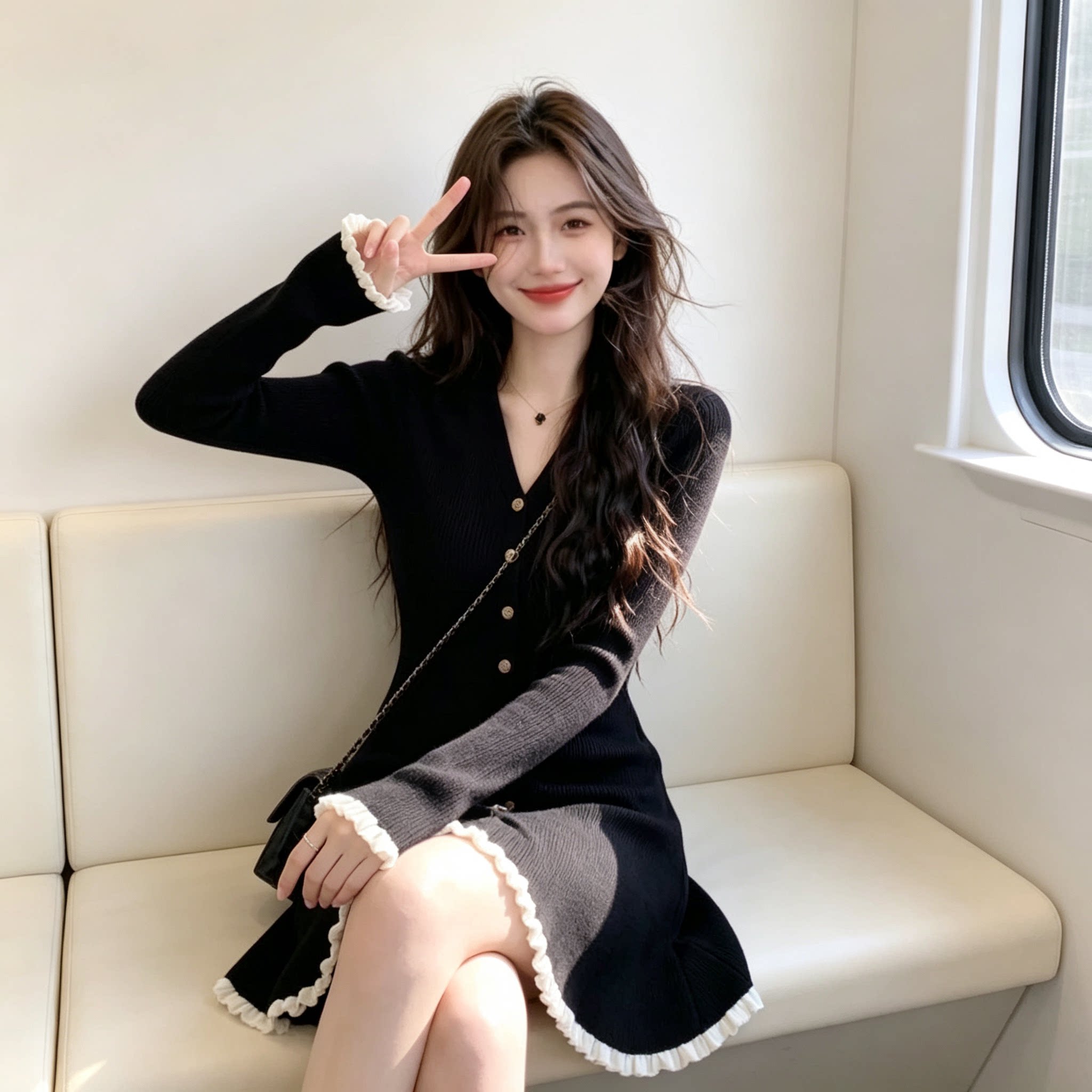 黑色V领木耳边针织裙女秋冬收腰显瘦长袖打底连衣裙