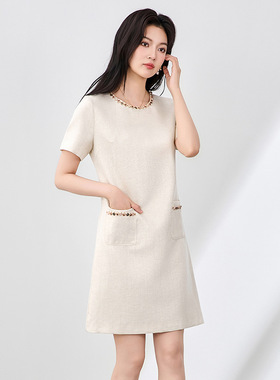 2507310-赫拉小姐！法式小香风复古气质金线天丝麻显瘦A字连衣裙