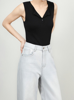 2508301-16针四平密织坑条高货针织背心无袖弹力亨利衫T恤纯色女