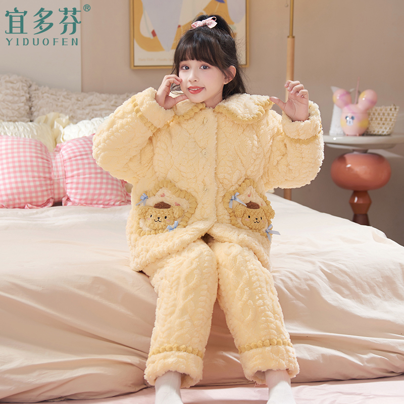 女童睡衣冬季加厚儿童秋冬款珊瑚绒三层夹棉加绒2024新款冬天可爱